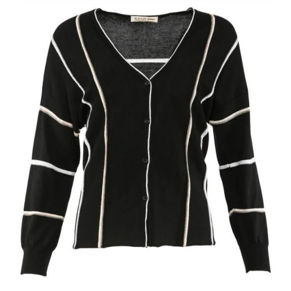 KASH  Made in Italy‎  V- Neck Striped Catton Cardigan Sweater Black/white Sz 42